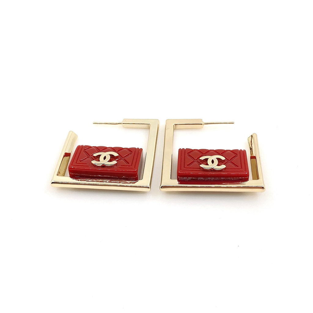 18K Chanel Red Bag Pendant Earrings
