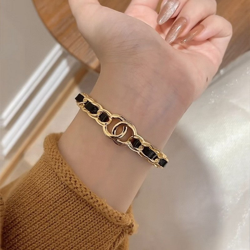 18K Chanel Black Leather Cuff Bracelet