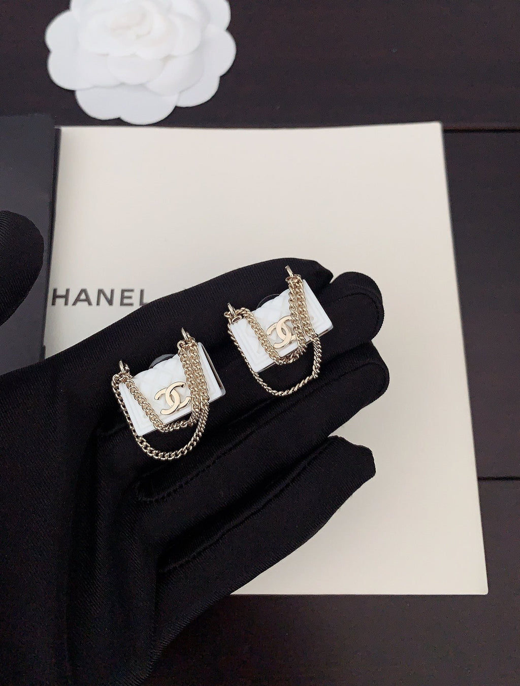 18K Chanel White Bag Earrings