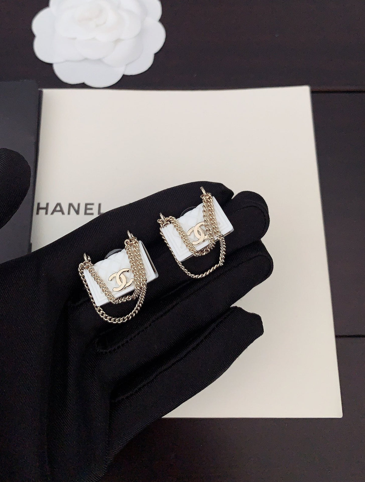 18K Chanel White Bag Earrings