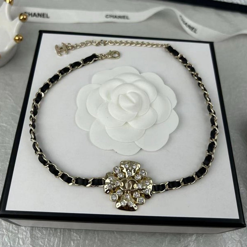 18K Chanel Black Leather Flower Necklace