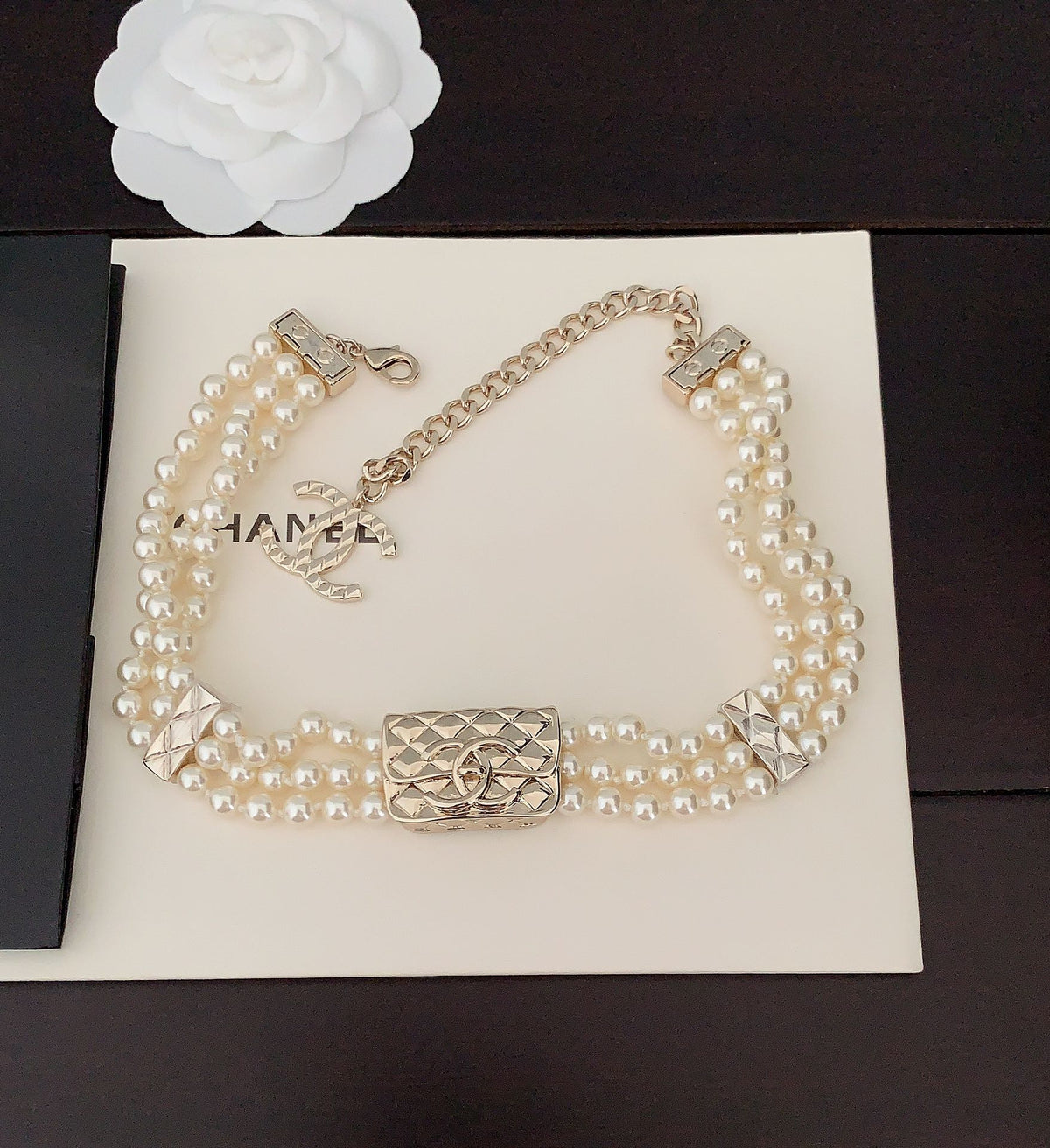 18K Chanel Bag Pearls Chain Necklace