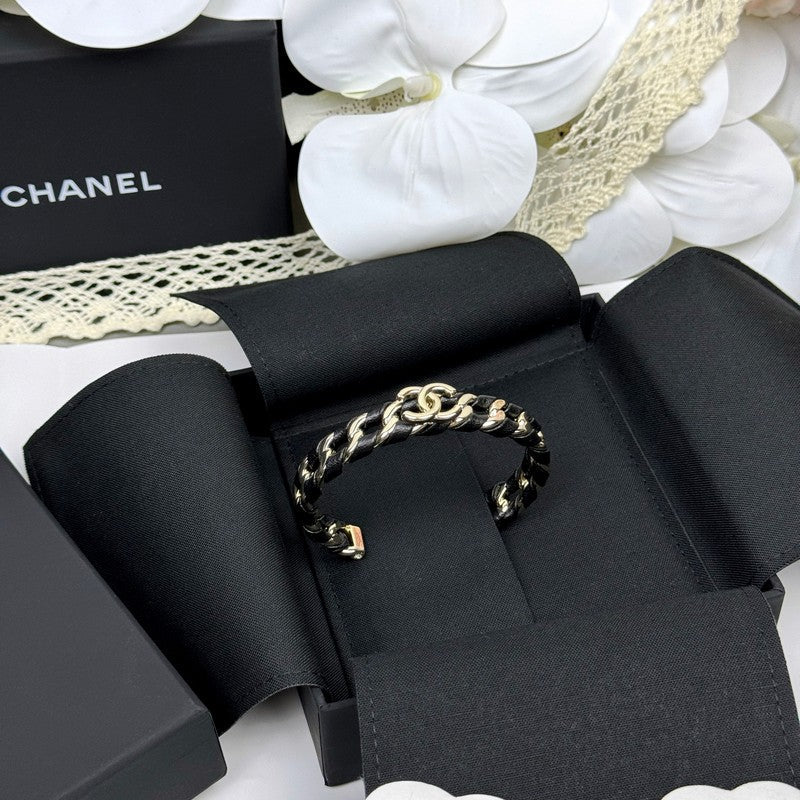 18K Chanel 26C Black Leather Cuff Bracelet