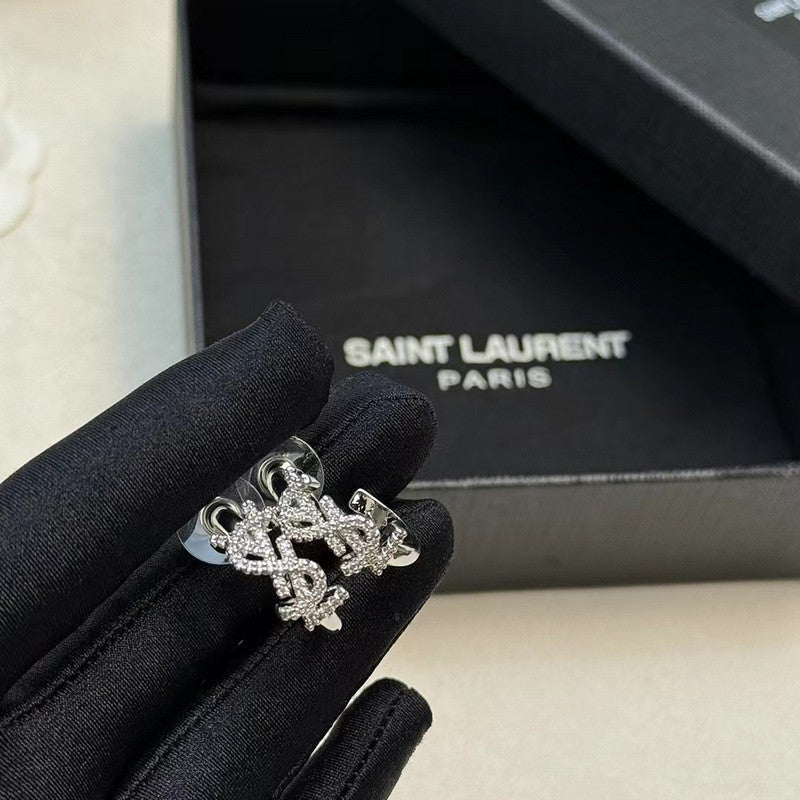 18K Saint Laurent YSL Gold Diamond Circle Earrings