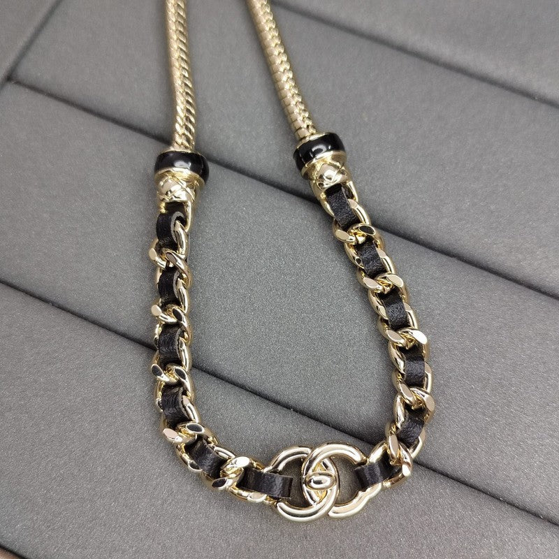 18K Chanel Black Leather Gold Chain Necklace
