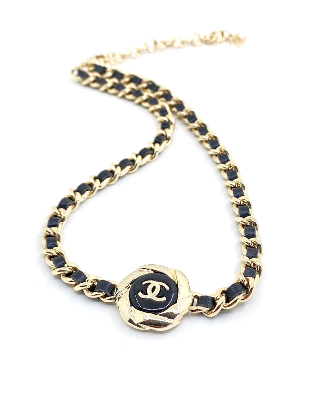 18K Chanel Rhinestone Leather Choker Necklace