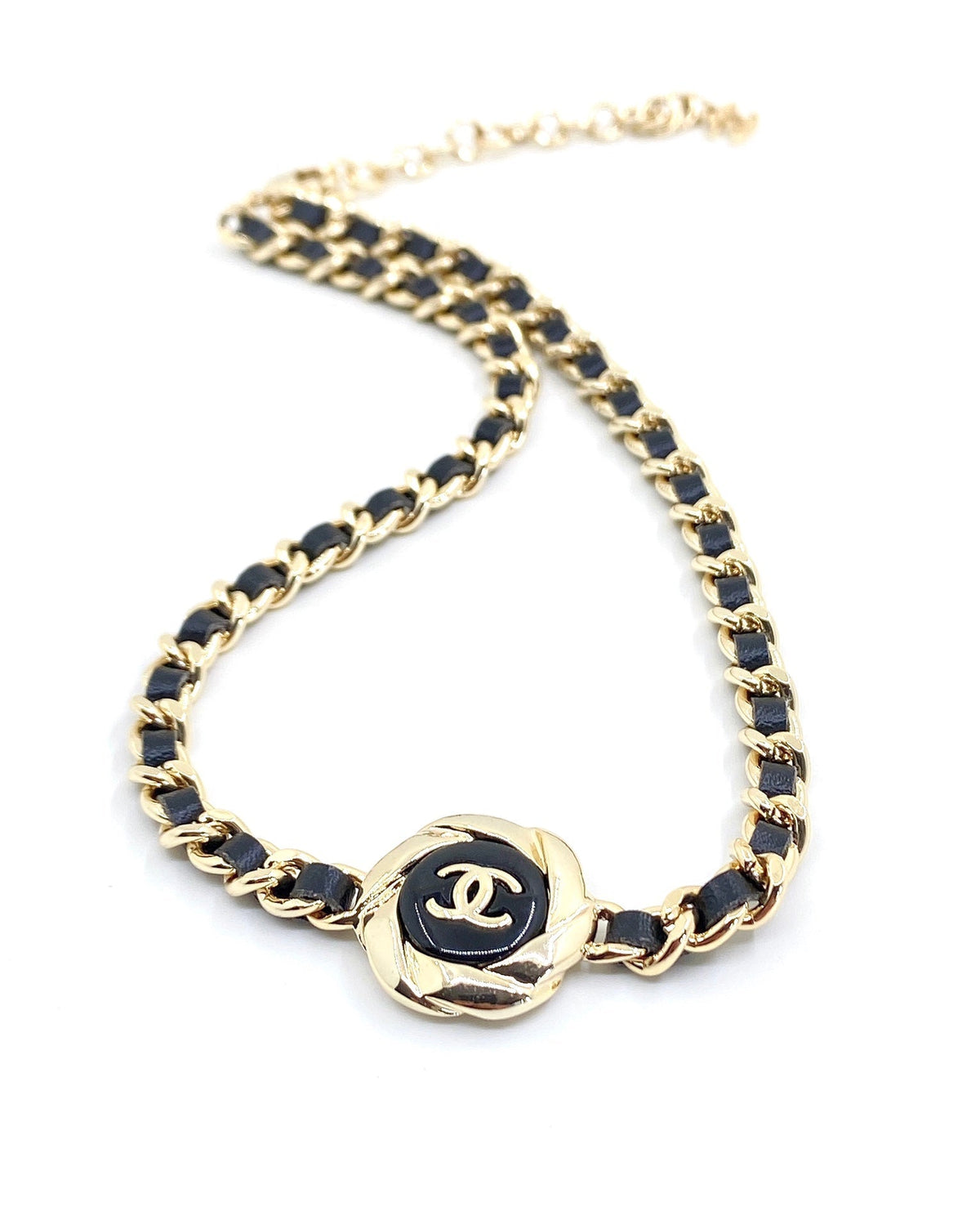 18K Chanel Rhinestone Leather Choker Necklace