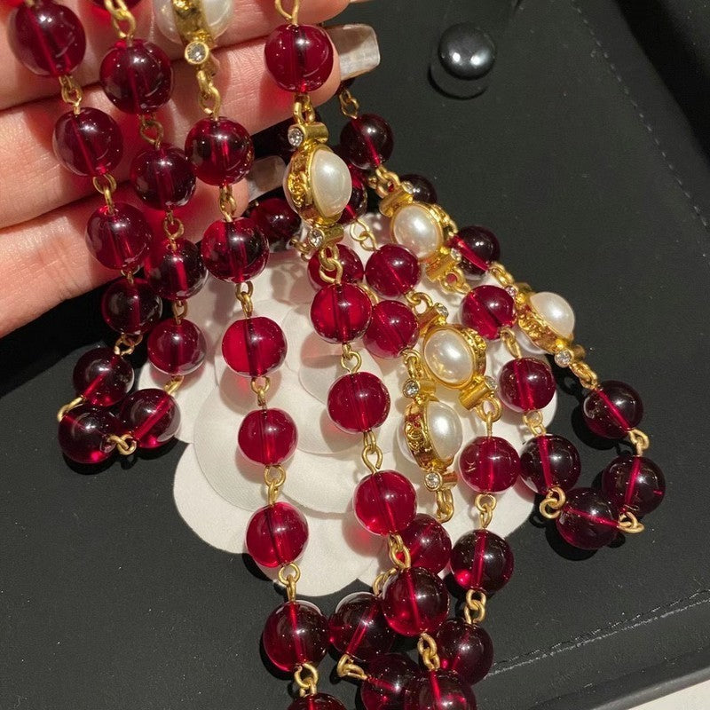 18K Chanel Long Red & White Pearls Necklace