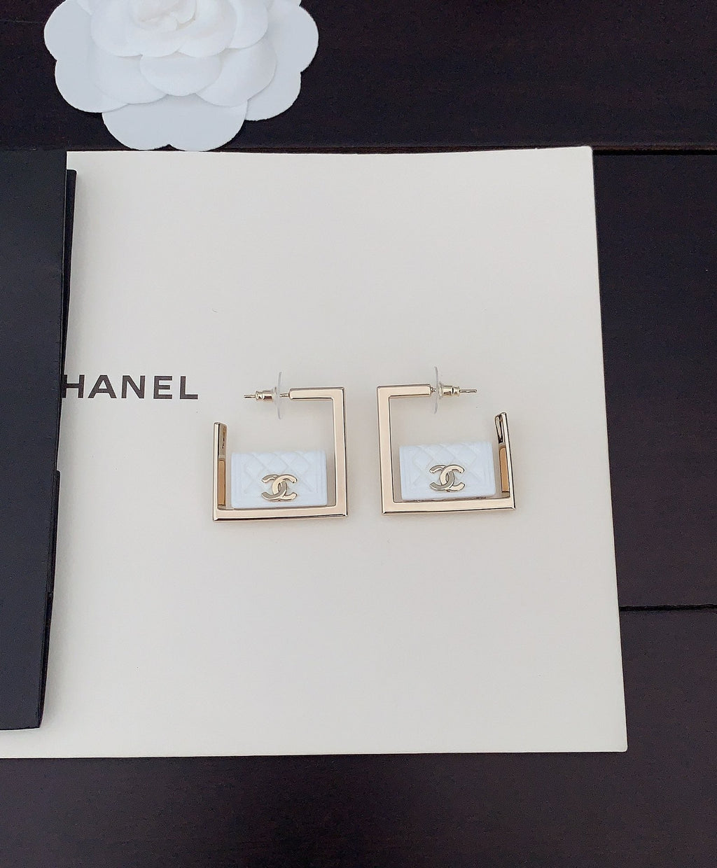 18K Chanel White Bag Pendant Earrings