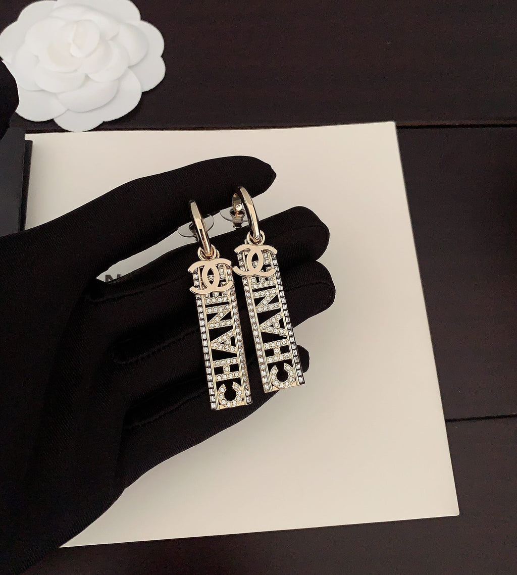 18K Chanel Crystals Long Letter Earrings