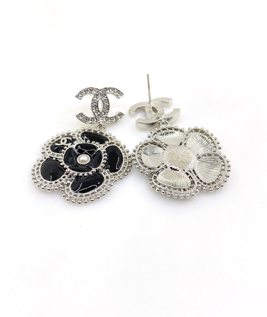18K Chanel Black Pearl Camellia Earrings