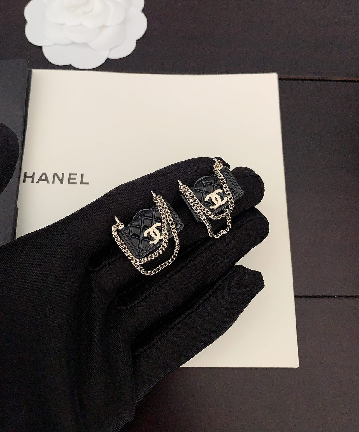 18K Chanel Black Bag Pendant Earrings