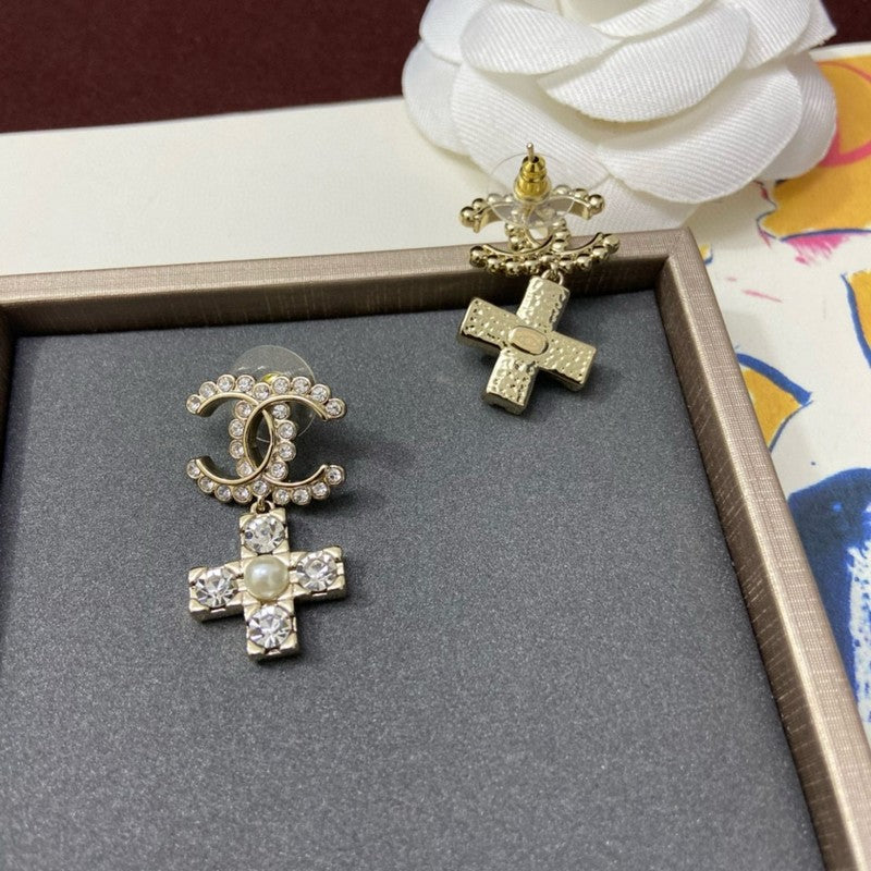 18K Chanel Cross Pearl & Diamond Earrings