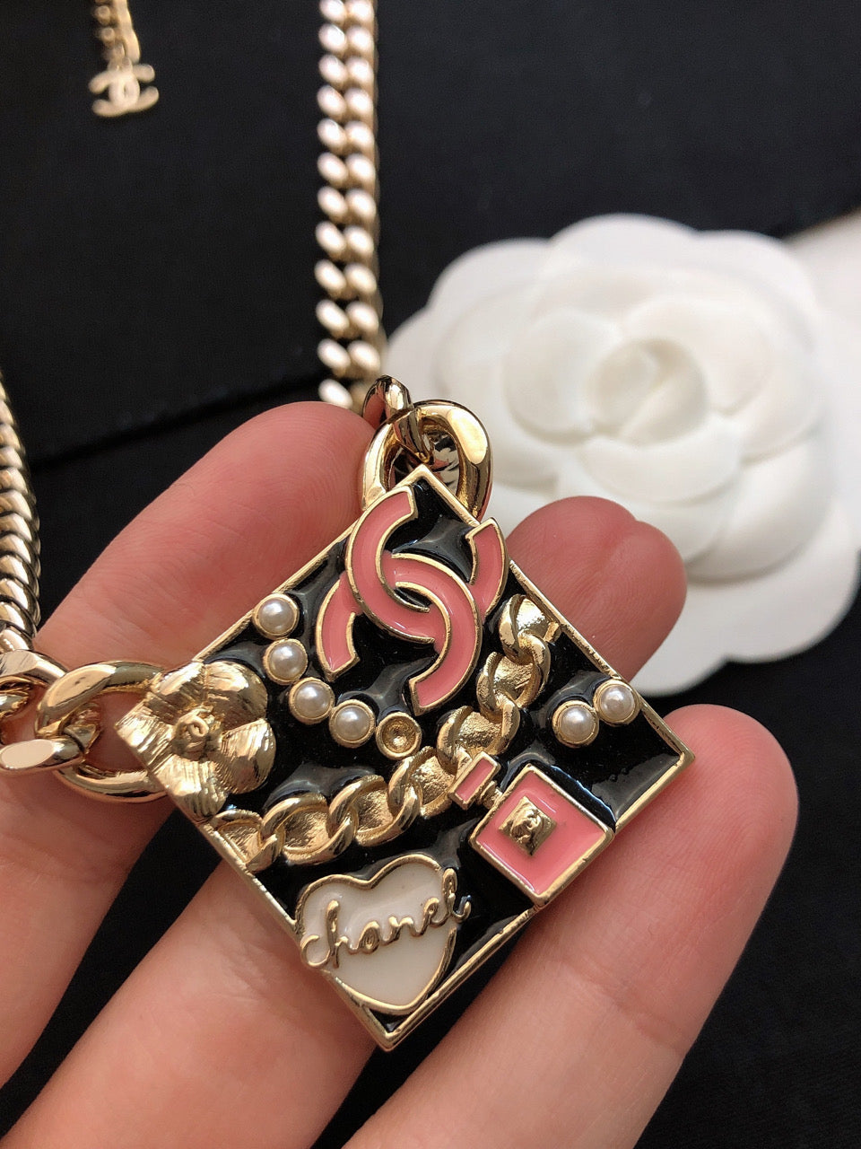18K Chanel Pink Logo Chain Necklace