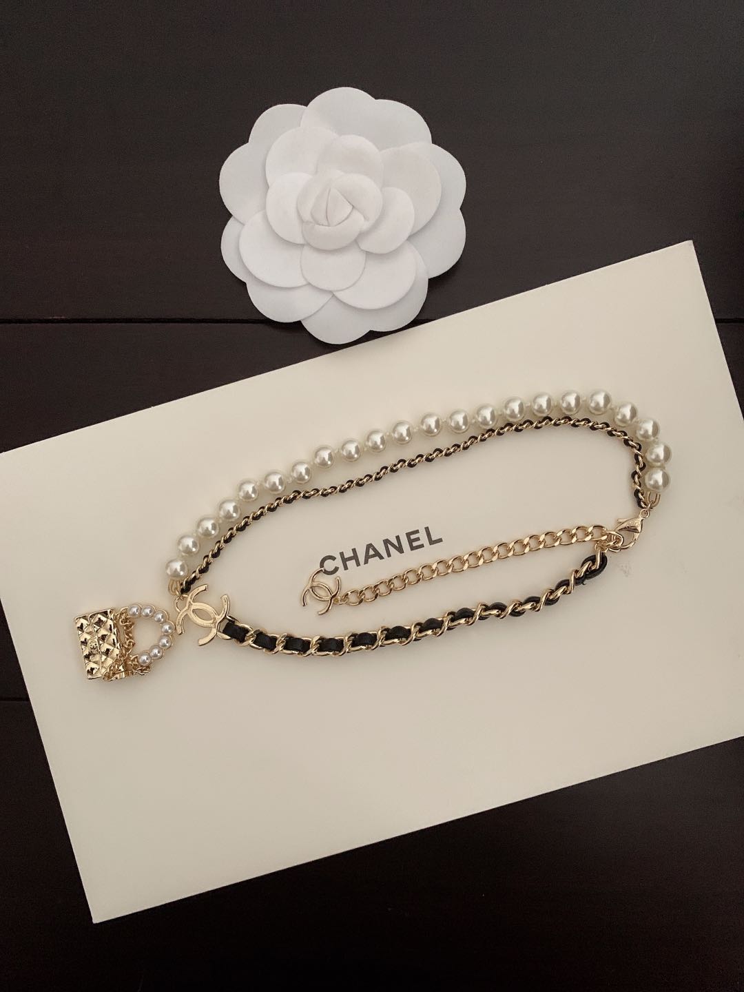 18K Chanel Pearl Leather Bag Pendant Necklace