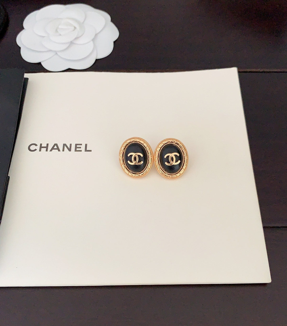 18K Chanel Oval Leather Earrings