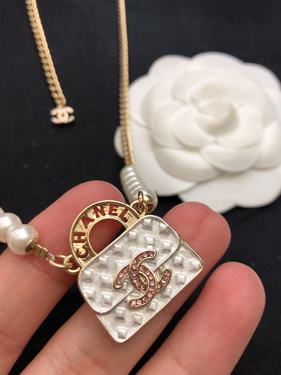 18K Chanel Pearls Bag Pendant Necklace