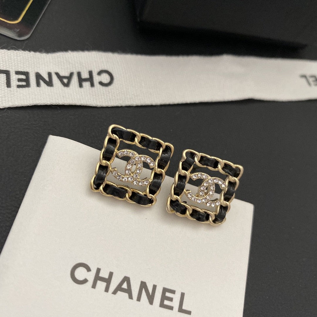 18K Chanel Square Leather Earrings