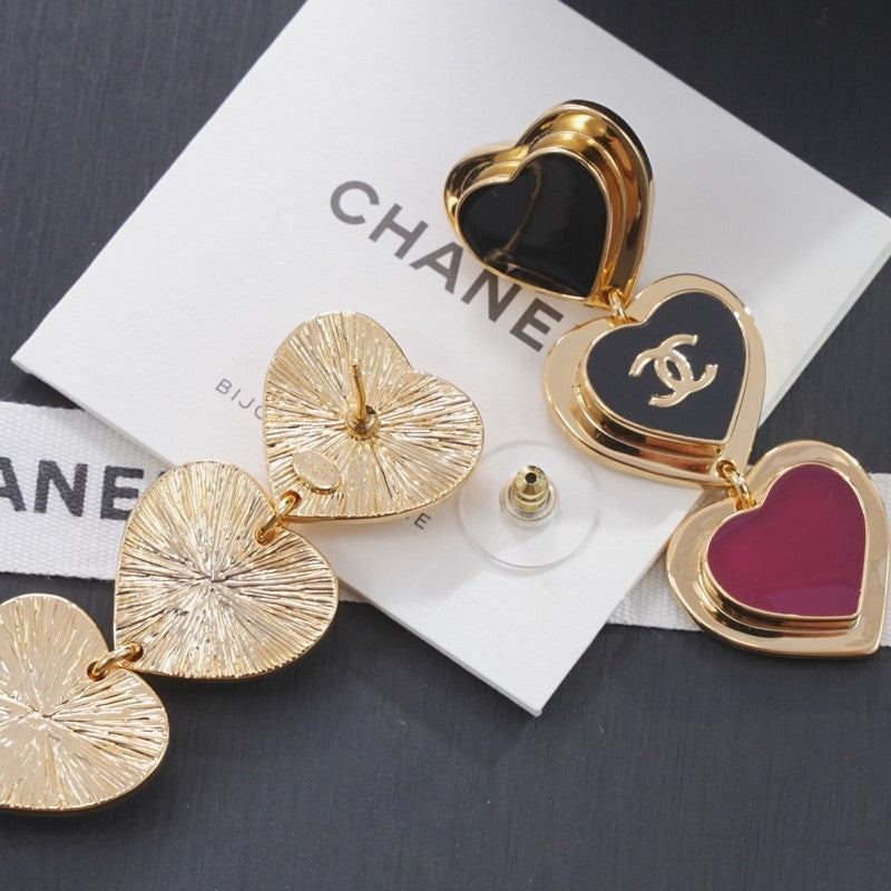 18K Chanel Black & Red Heart Gold Long Earrings