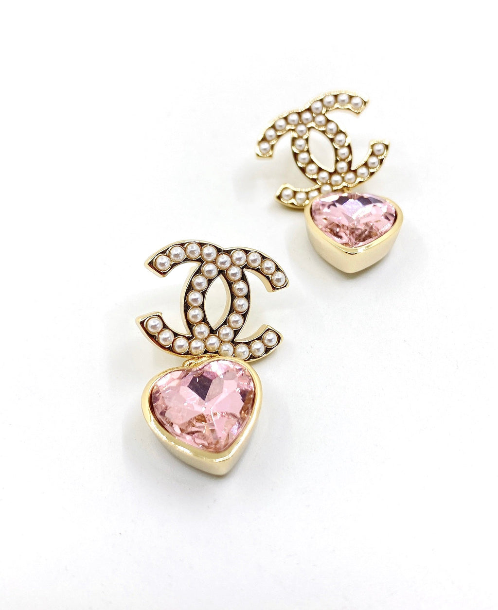 18K Chanel Pink Heart Crystal Earrings