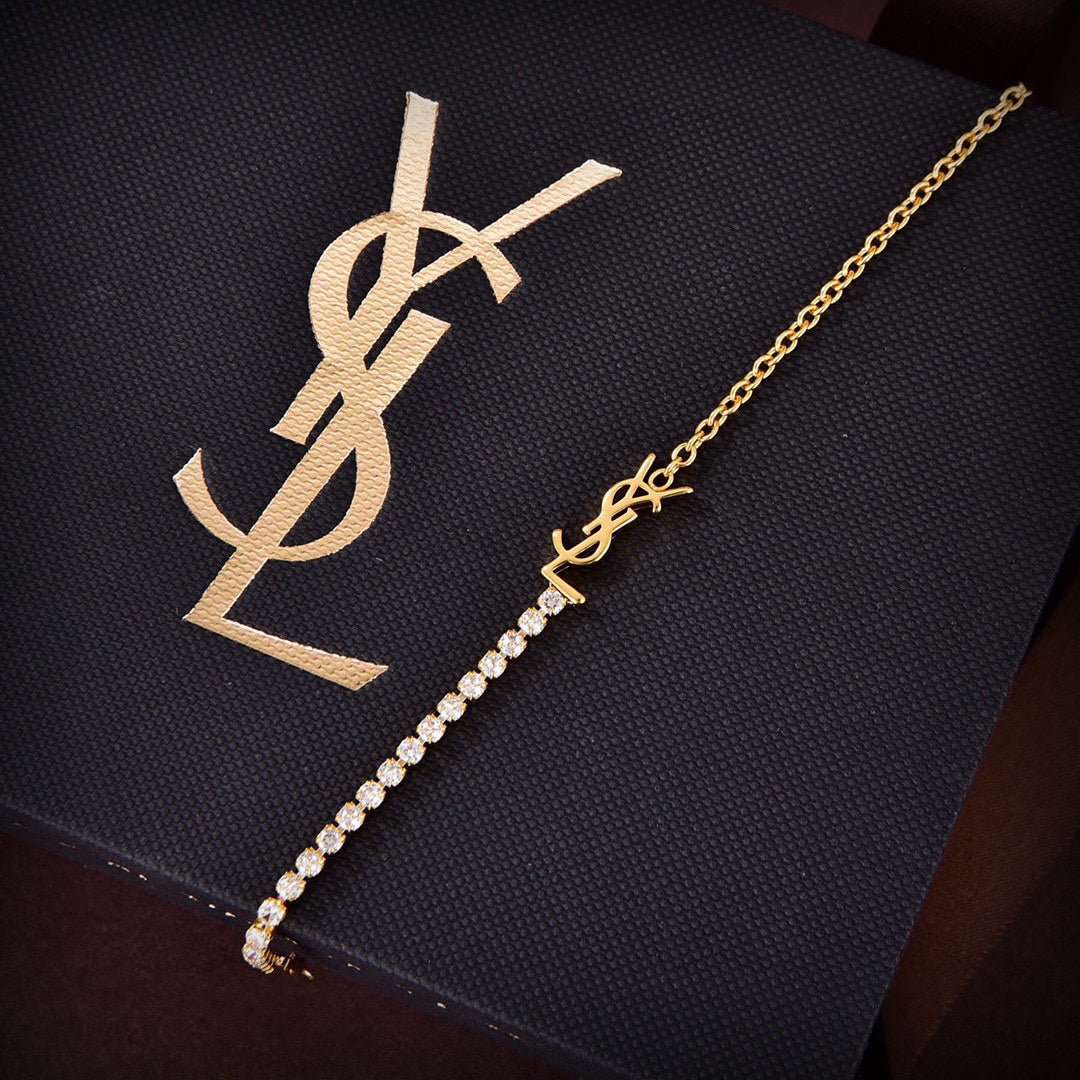 18K Saint Laurent YSL Crystals Chain Bracelet