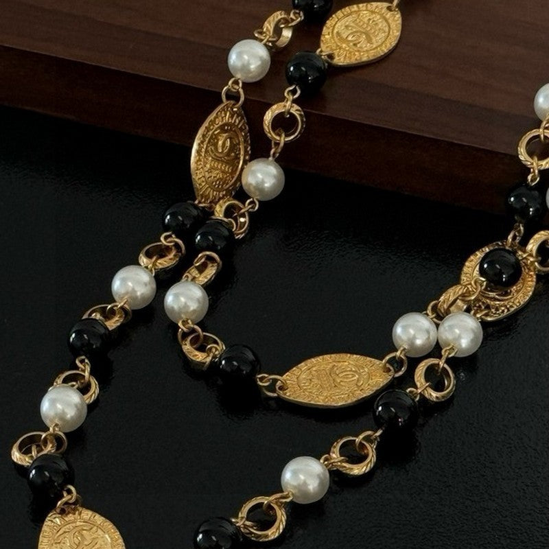 18K Chanel Long Black & White Pearls Necklace