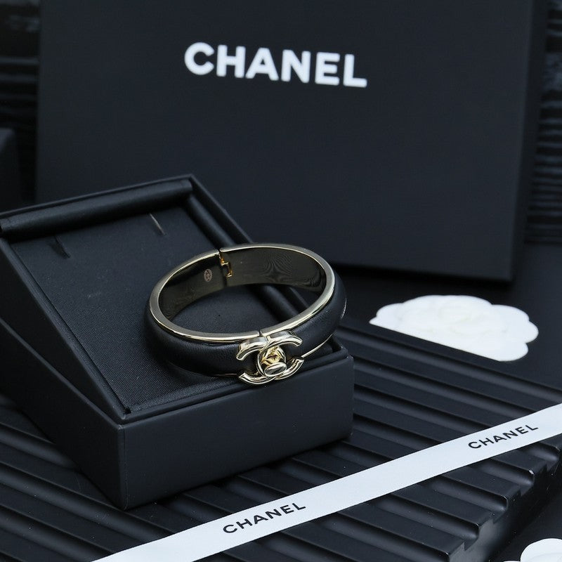 18K Chanel Black Leather Cuff Bracelet
