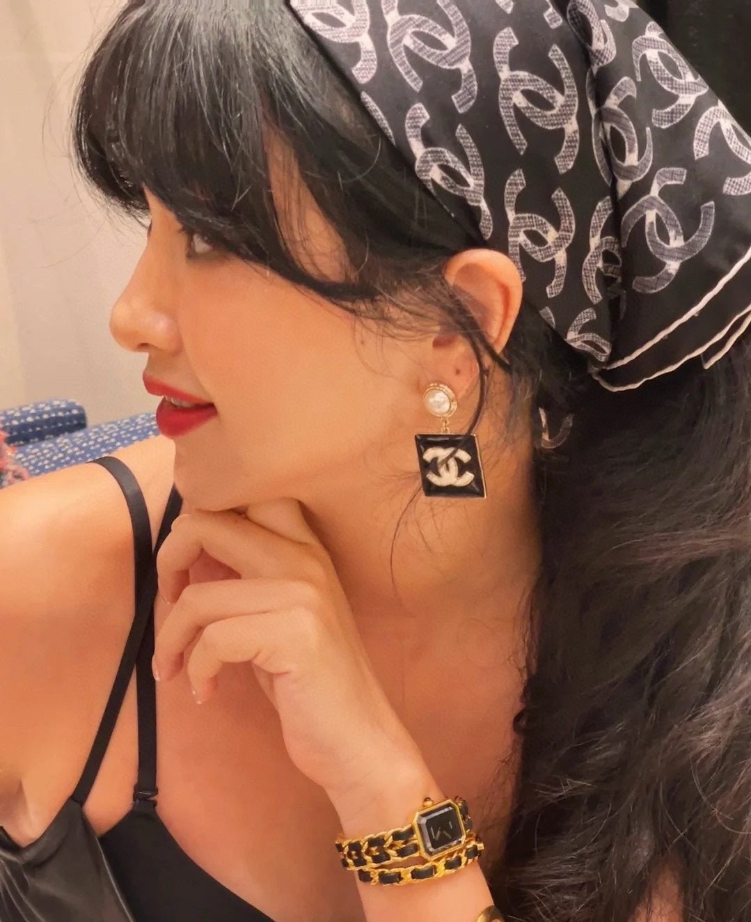 18K Chanel Square Pearl Pendant Earrings