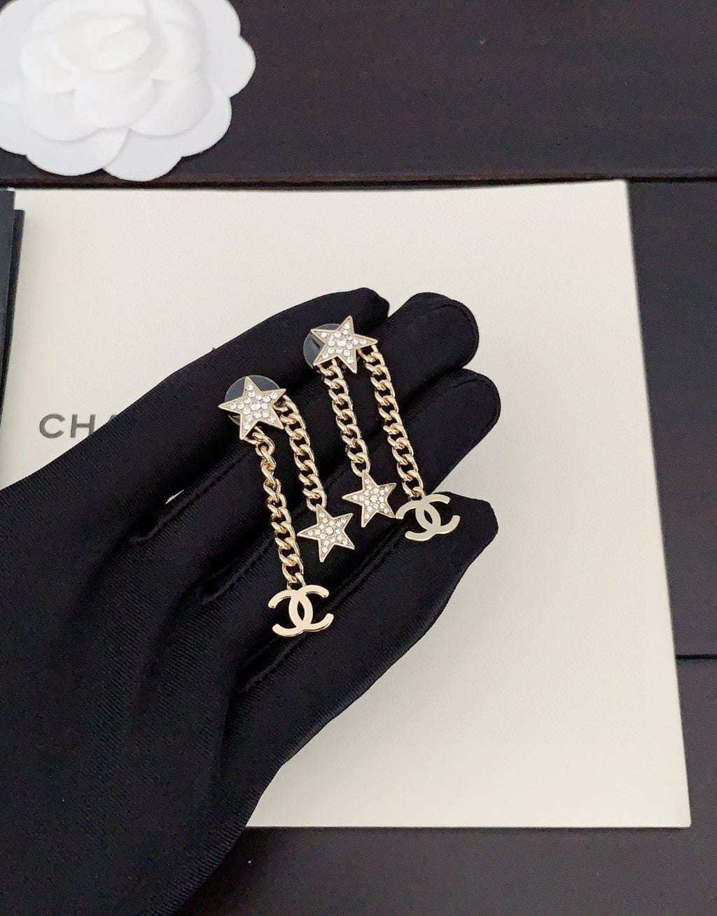 18K Chanel Star Diamonds Long Earrings