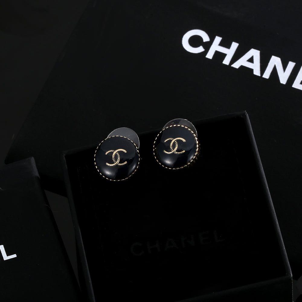 18K Chanel Circle Black Resin Earrings