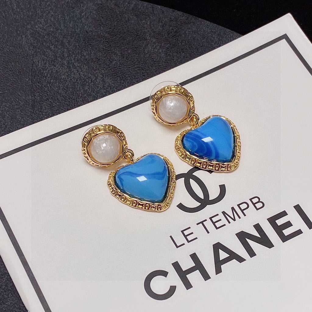 18K Chanel Blue Heart Pearl Earrings