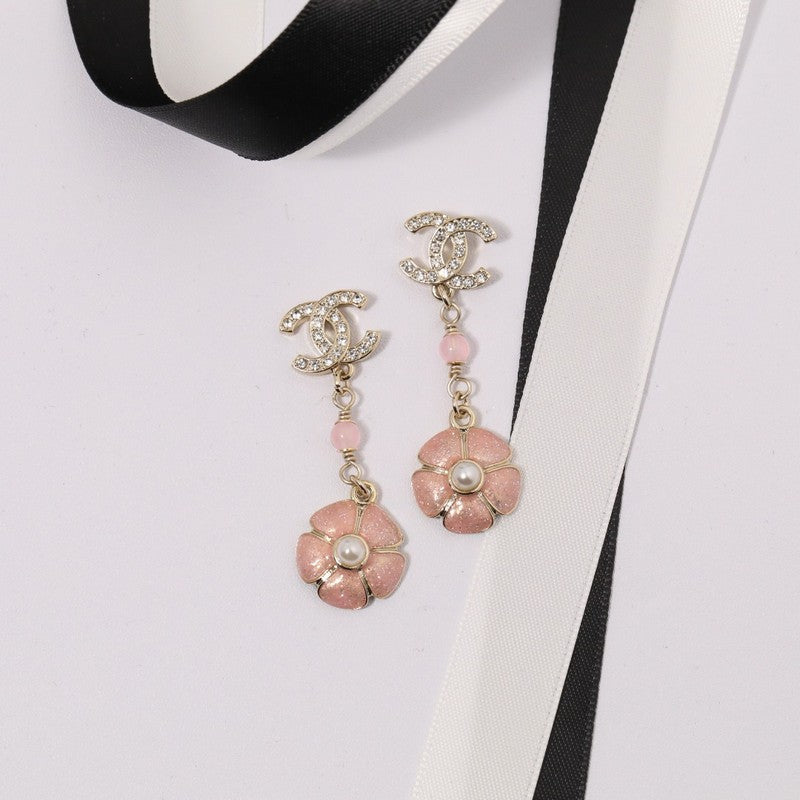 18K Chanel Black & Pink Camellia Diamond Long Earrings