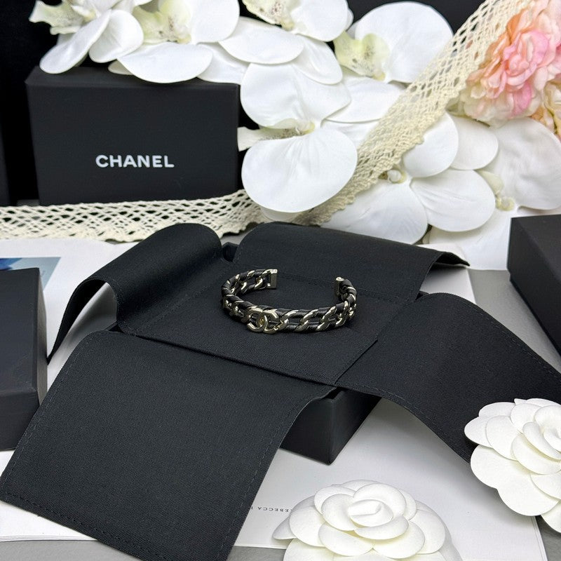 18K Chanel 26C Black Leather Cuff Bracelet