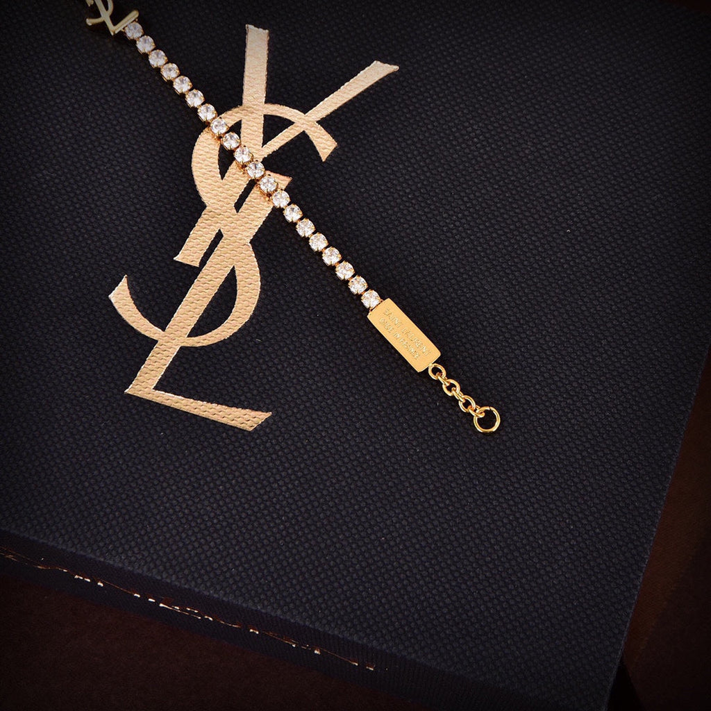 18K Saint Laurent YSL Crystals Chain Bracelet