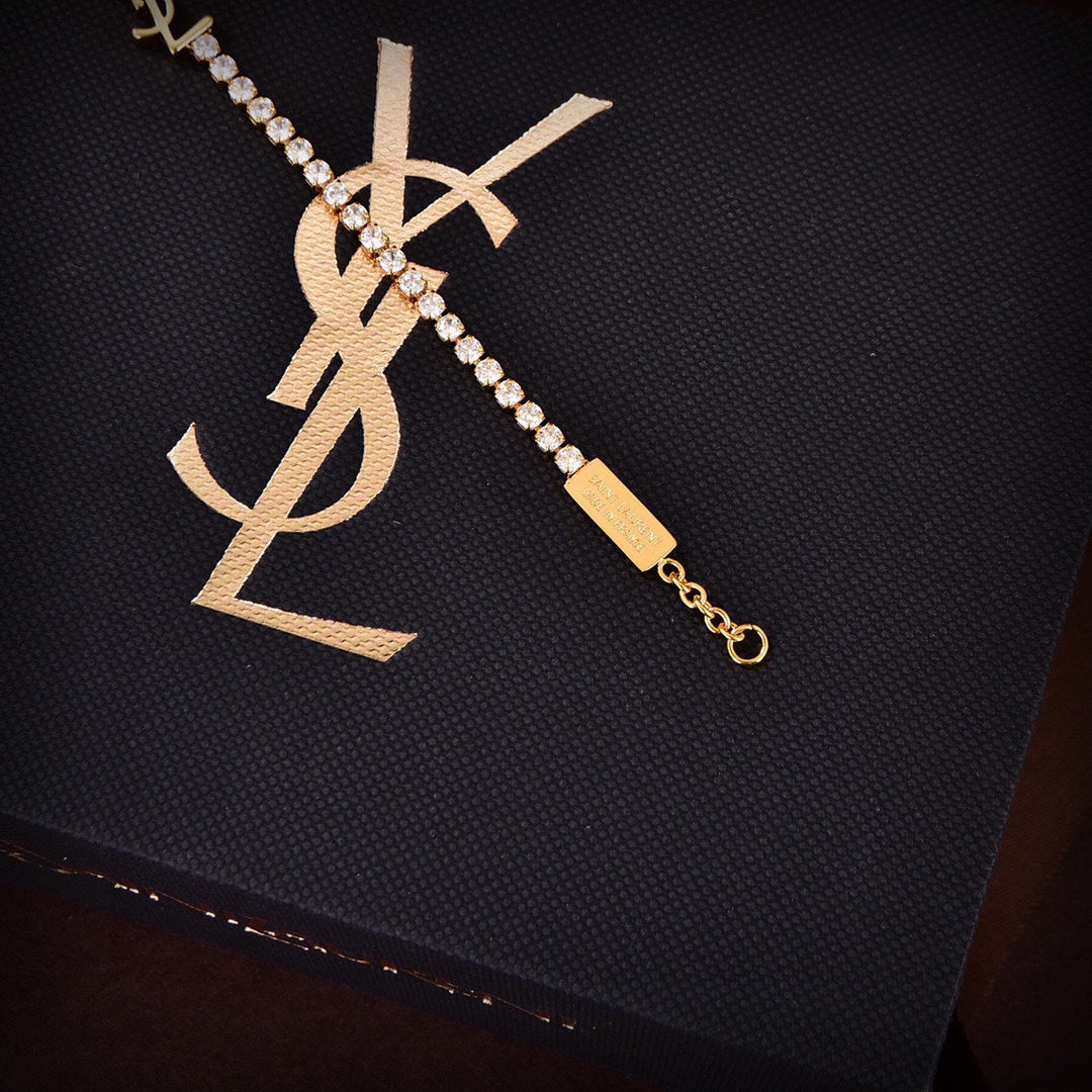 18K Saint Laurent YSL Crystals Chain Bracelet