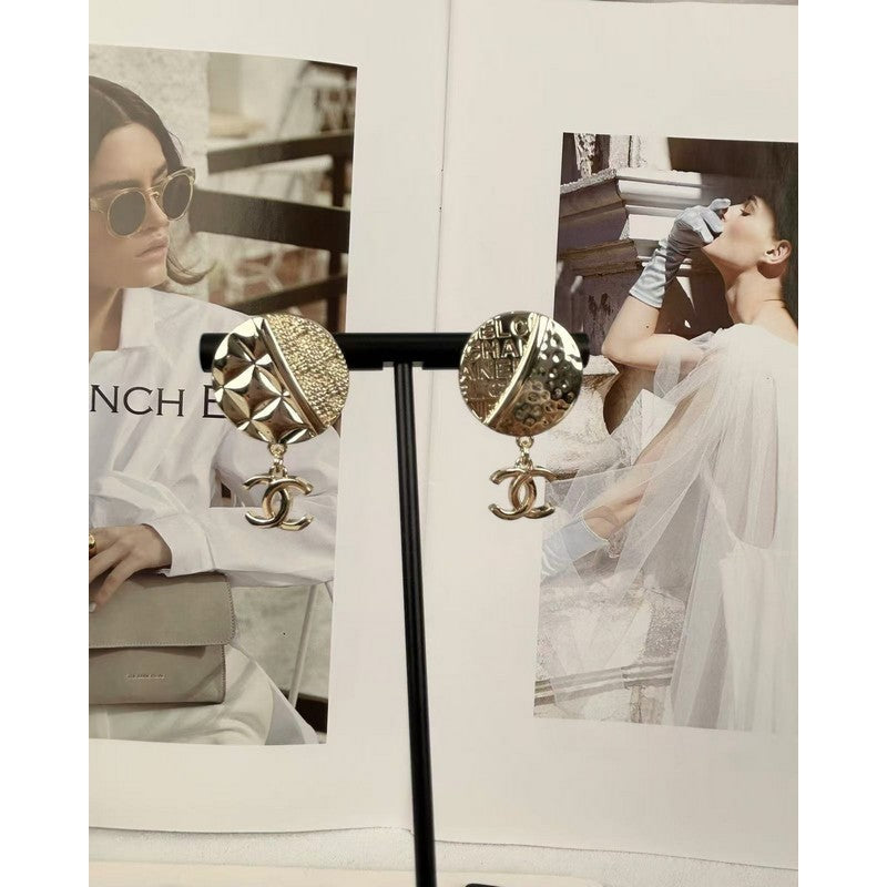 18K Chanel Gold Round Pendant Earrings