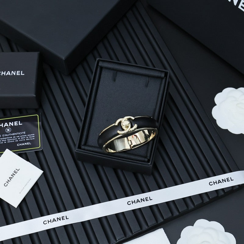 18K Chanel Black Leather Cuff Bracelet