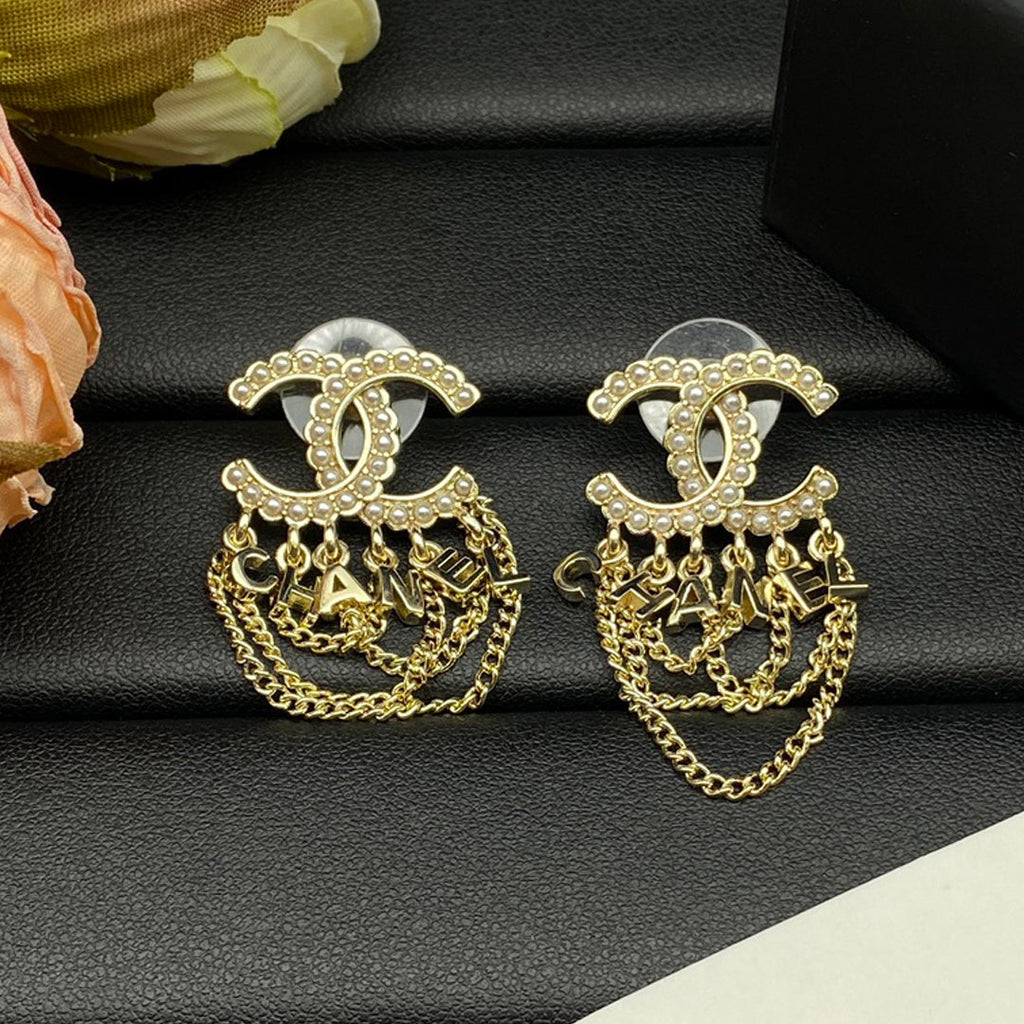 18K Chanel Pearl Chain Link Earrings