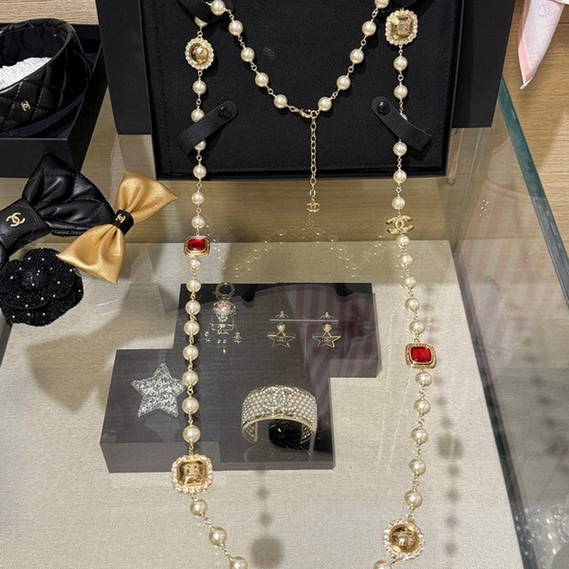 18K Chanel Long Pearl Red Crystals Necklace