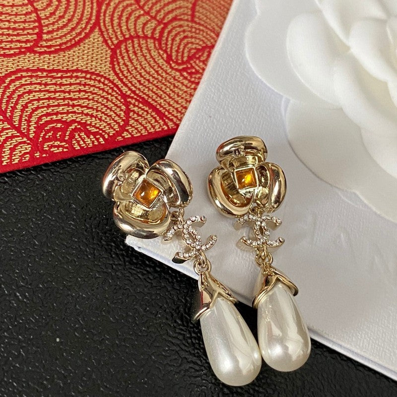 18K Chanel Camellia Pearl Earrings