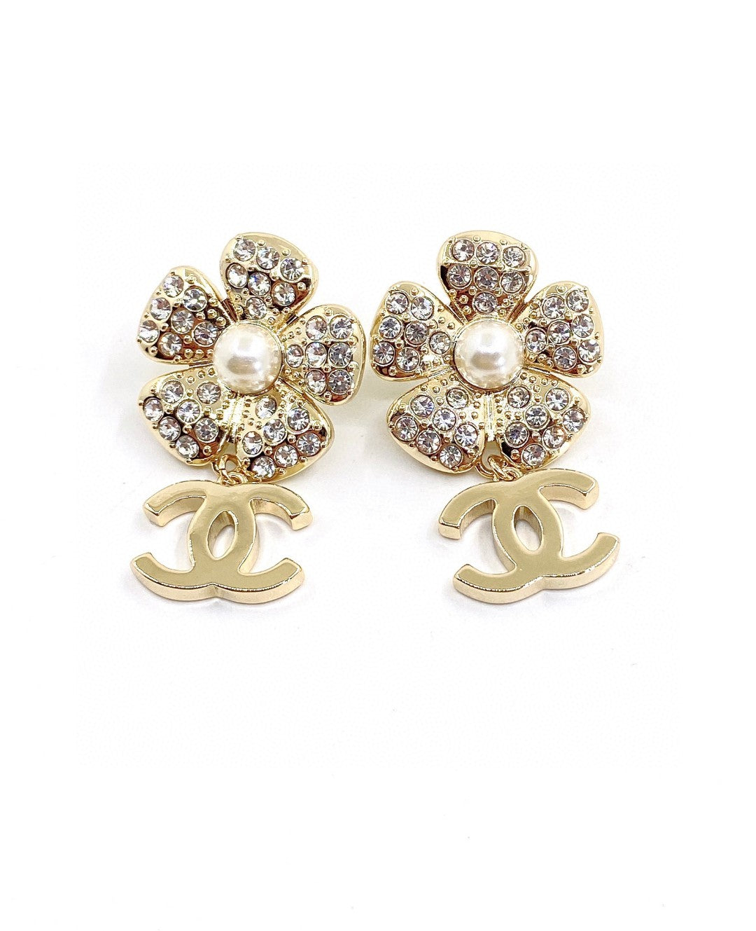 18K Chanel Flower Full Crystals Earrings