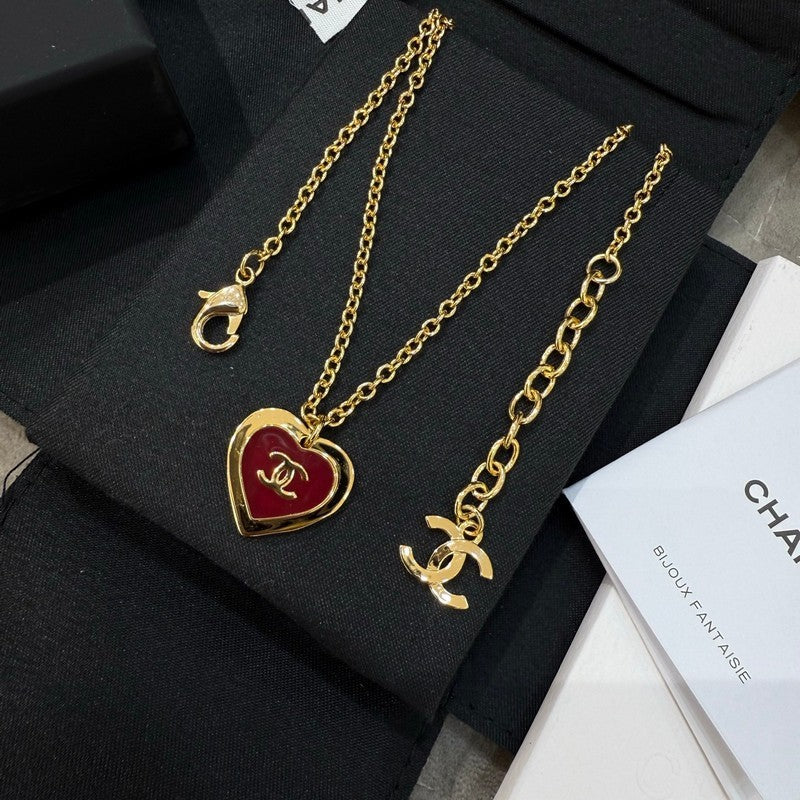 18K Chanel Black & Red Heart Gold Necklace