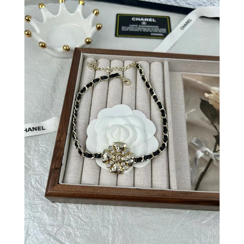 18K Chanel Black Leather Flower Necklace