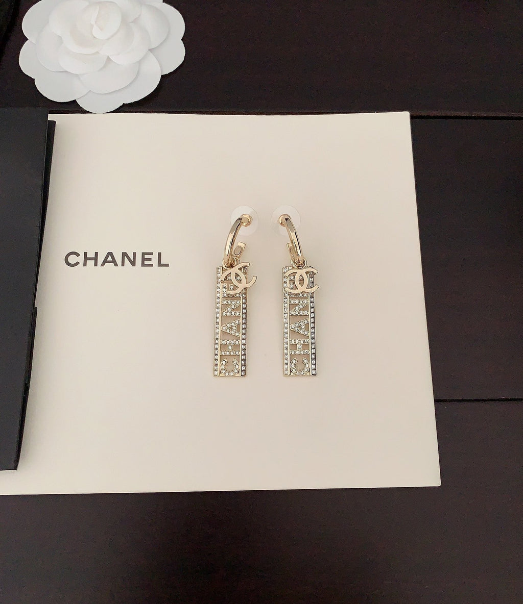18K Chanel Crystals Long Letter Earrings