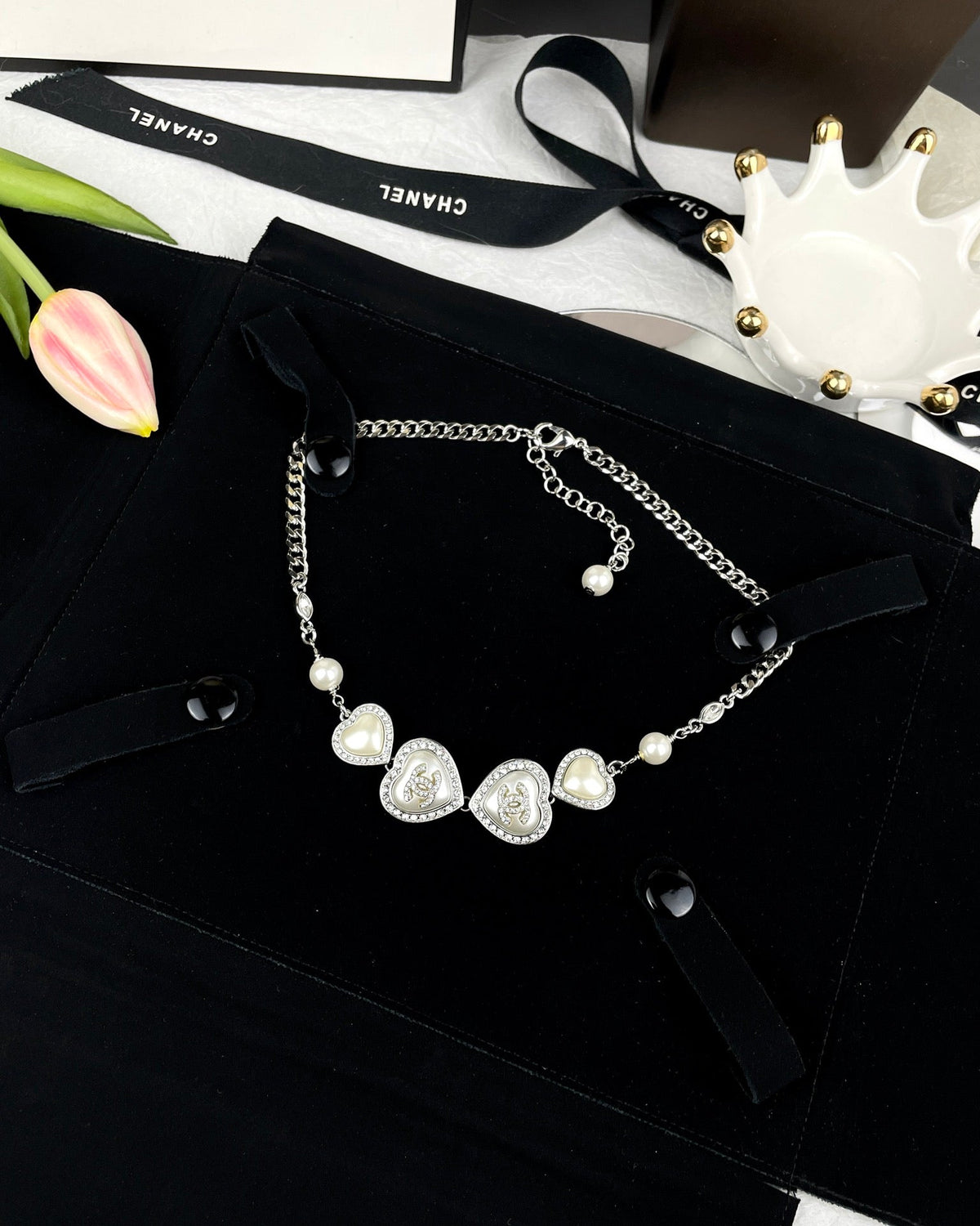 18K Chanel Heart Crystals Necklace