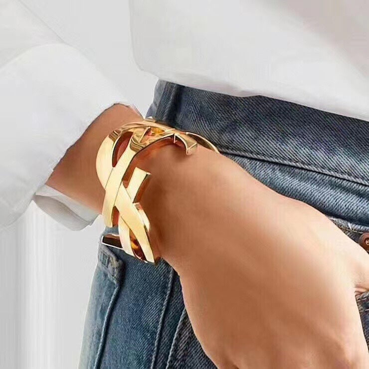 18K Saint Laurent YSL Monogram Cuff Bracelet