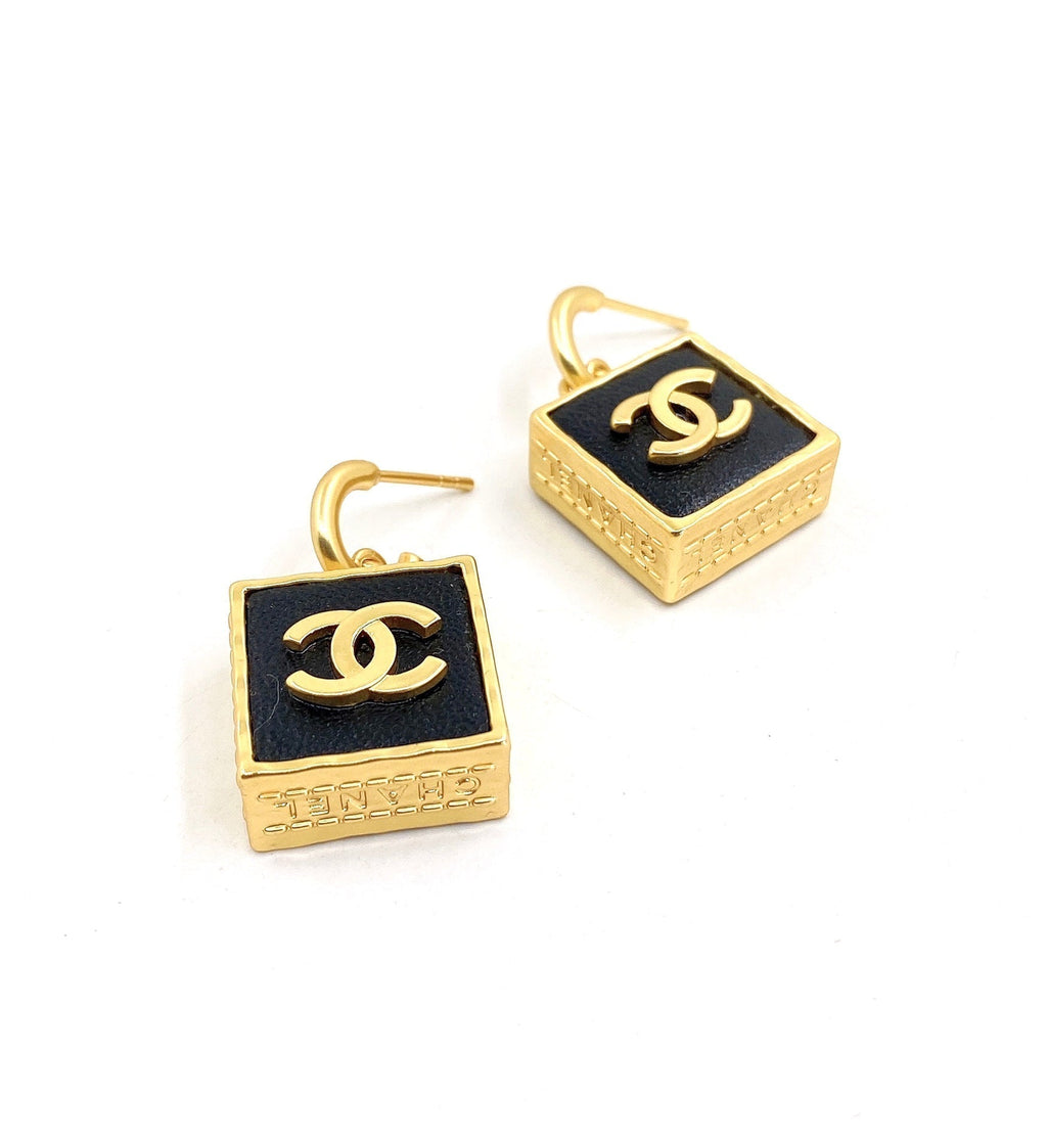 18K Chanel Black Bag Pendant Earrings