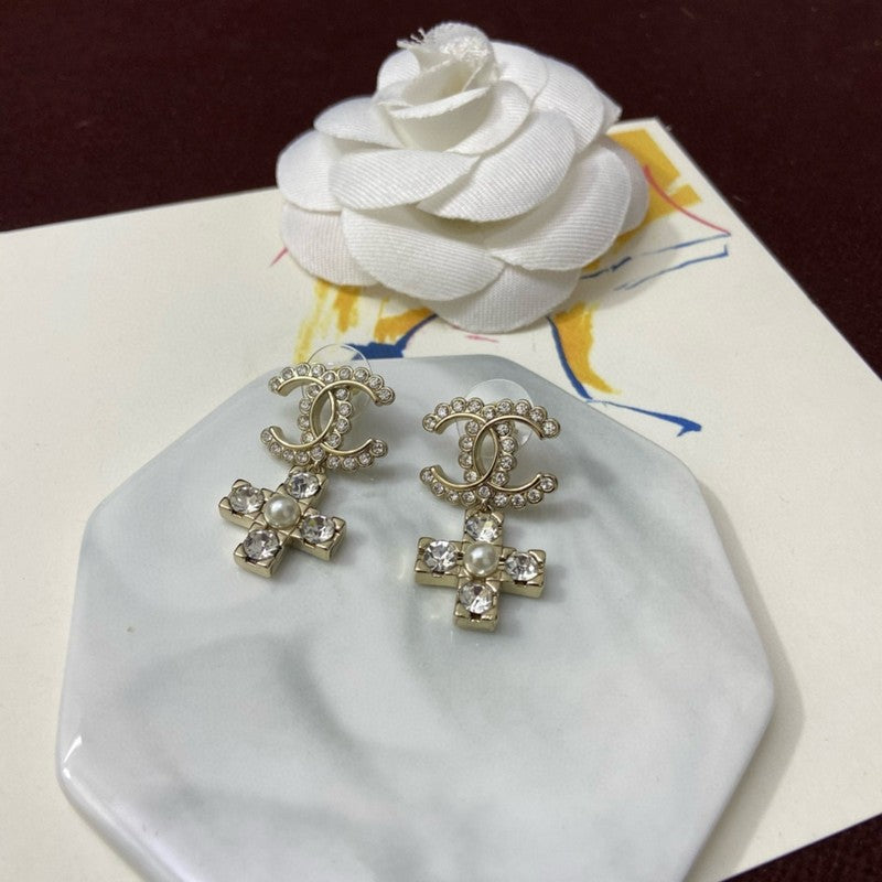 18K Chanel Cross Pearl & Diamond Earrings