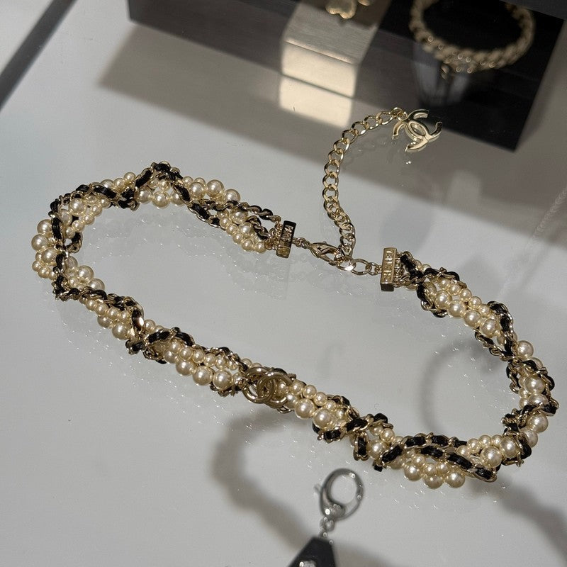 18K Chanel Pearl Leather Choker Necklace