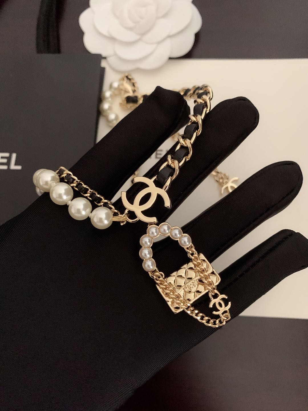 18K Chanel Pearl Leather Bag Pendant Necklace